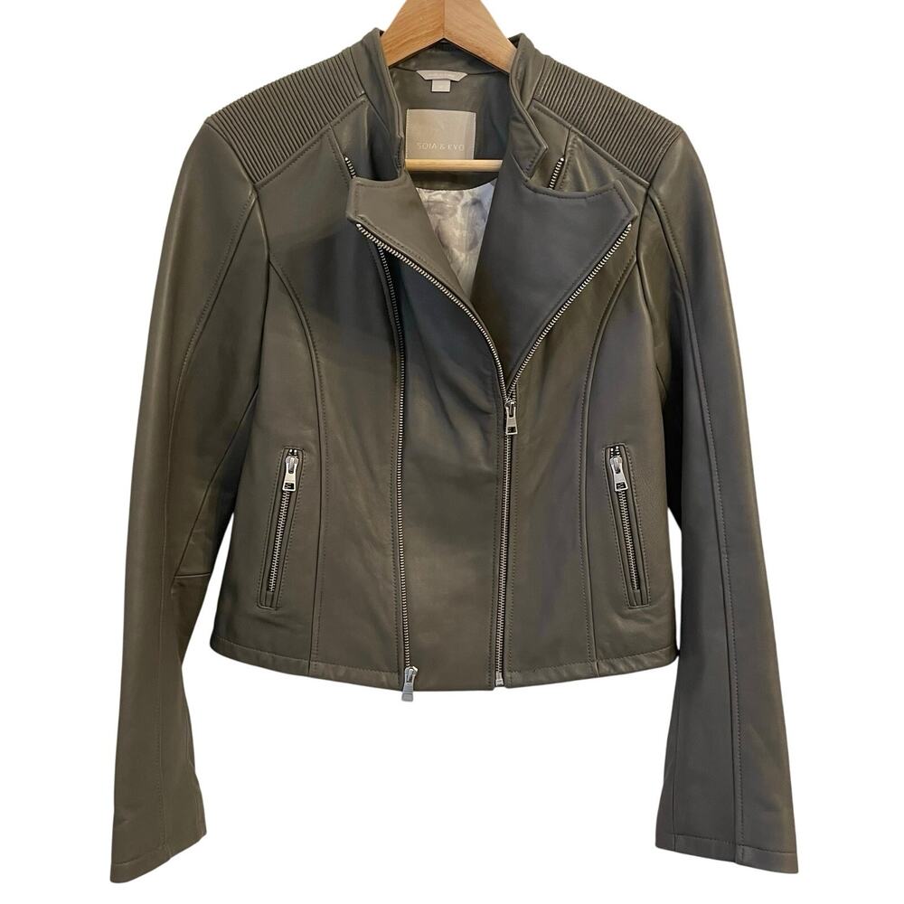 Soia & Kyo Olive Leather Moto Jacket with Ribbed Shoulders
